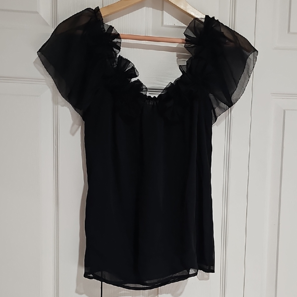 Ann Taylor LOFT Black Sheer Floral Appliqué Blouse – XS – NWT